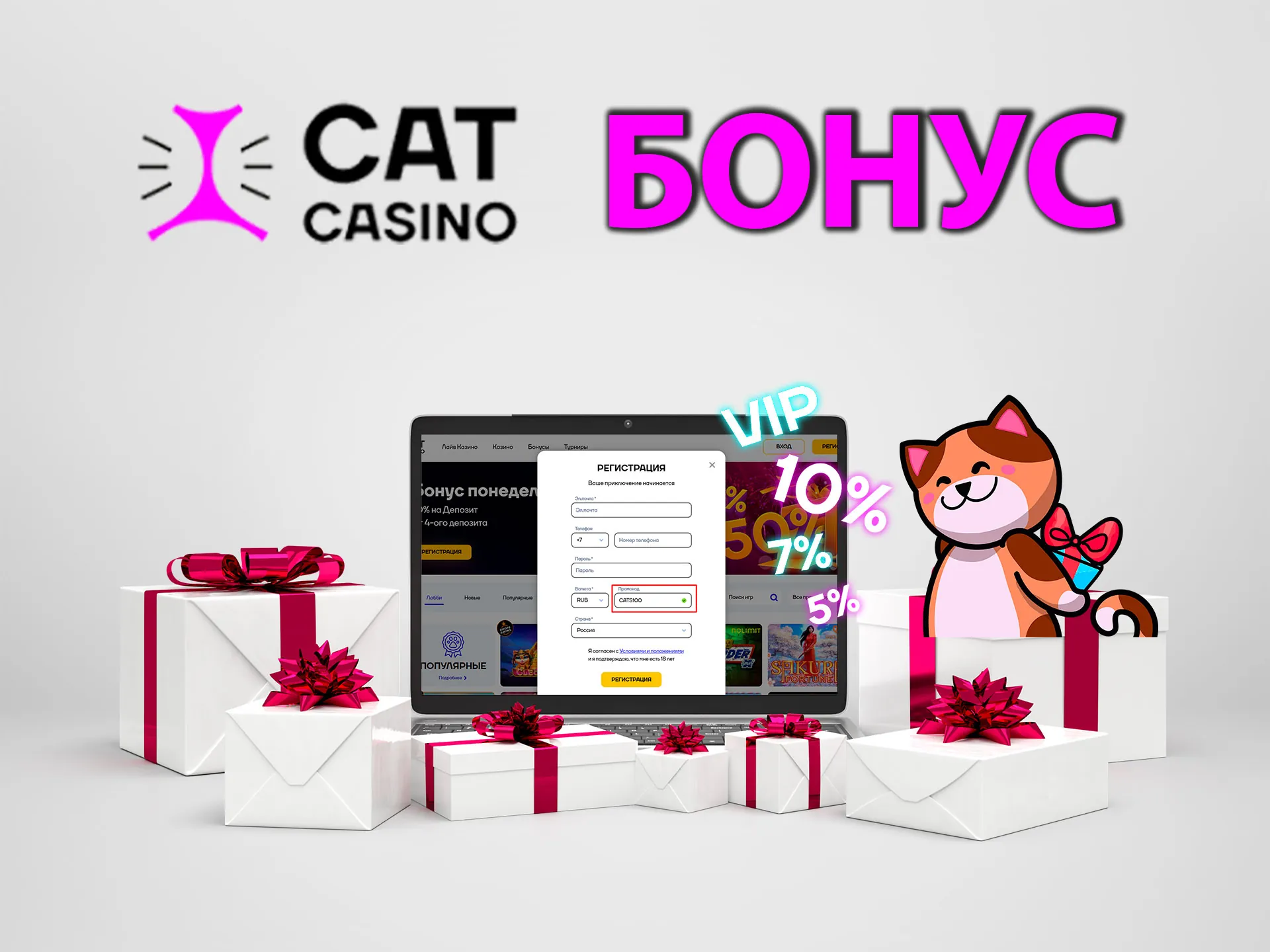 Укажите промокод при регистрации и получите приветственный бонус от Cat Casino